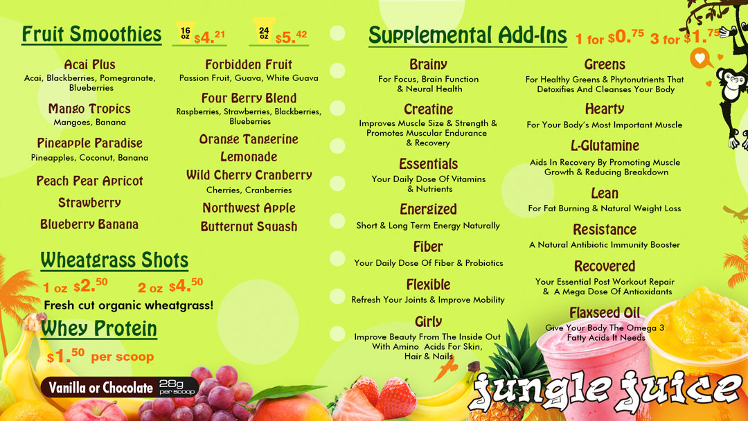 Menu of Jungle Juice's Smoothies, Juice, Acai Bowls and More