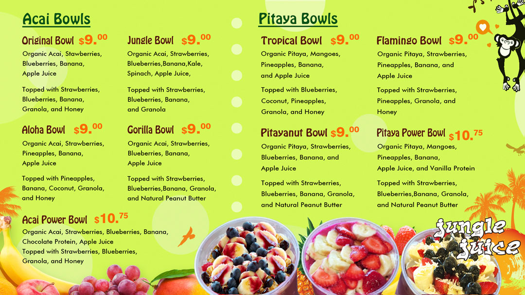 Menu of Jungle Juice's Smoothies, Juice, Acai Bowls and More