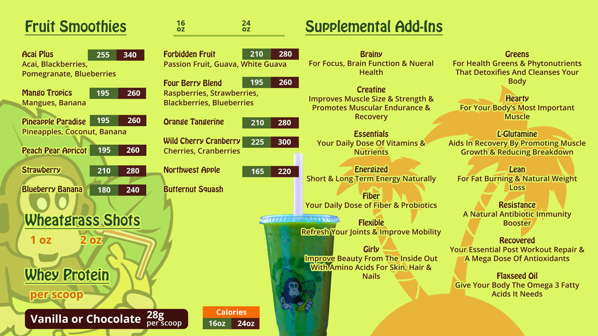 Menu of Jungle Juice's Smoothies, Juice, Acai Bowls and More