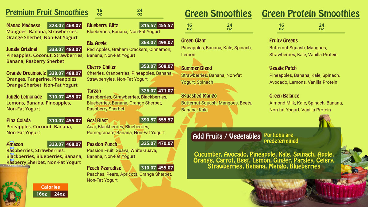 Menu of Jungle Juice's Smoothies, Juice, Acai Bowls and More