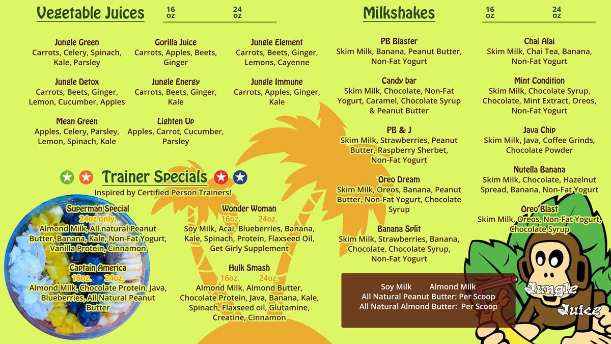 Menu of Jungle Juice's Smoothies, Juice, Acai Bowls and More