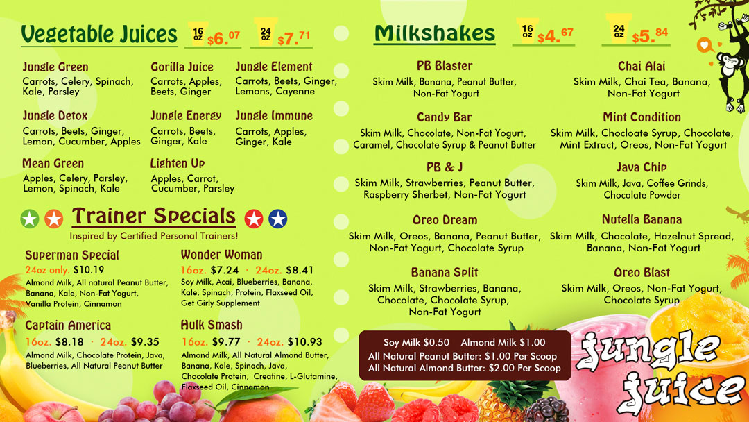 Menu of Jungle Juice's Smoothies, Juice, Acai Bowls and More